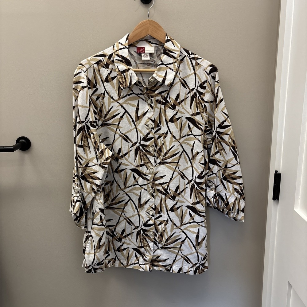 JM COLLECTION Women's Linen 3/4 Sleeve Blouse Leaves Multicolor Size 18W Plus